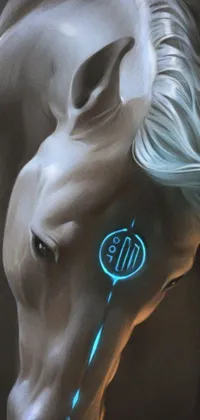 This cyberpunk-inspired phone live wallpaper captures a breathtaking close up of a horse with a glowing light atop its head
