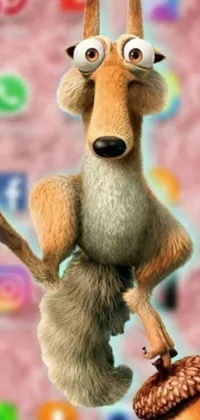 This phone live wallpaper showcases a digital art close-up of a stuffed animal holding an acorn