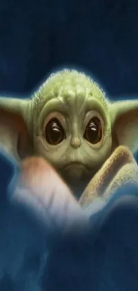 Get the cutest Baby Yoda Close-Up Phone Live Wallpaper for your device! The image features an expressive Hurufiyya art style that adds vibrancy and depth, making the little creature's big eyes even more adorable