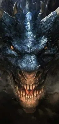 This phone live wallpaper features a stunning close-up of a blue dragon's face set against a dark background