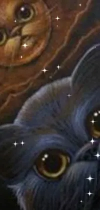 This phone live wallpaper features a captivating and highly detailed painting of a cat and an owl against a dark, fantasy-inspired landscape