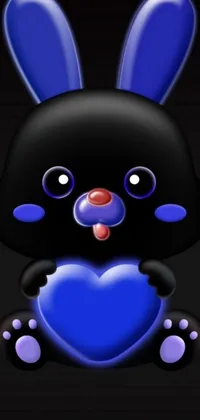 This phone live wallpaper features a dark black and blue bunny holding a blue heart