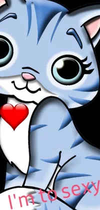 This lively phone live wallpaper features an adorable cartoon cat with a heart in its mouth, rendered digitally with expert-level detail and skill