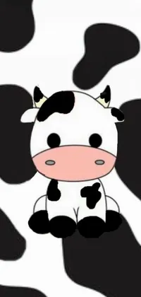 This adorable phone live wallpaper features a cartoon cow sitting in a field of black and white spots