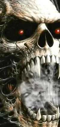 This stunning phone live wallpaper showcases an incredibly detailed digital image of a skull with glowing red eyes