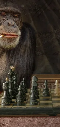 This phone live wallpaper boasts a hyperrealistic scene featuring an astronaut, a chimpanzee, an old man with a mask, and two animals playing chess