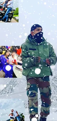 This phone live wallpaper showcases a snowy landscape with a man dressed in modern military attire