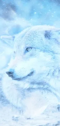 This phone live wallpaper features a mid-shot photo of a majestic wolf laying down in blue-tinted snow