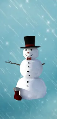 This phone live wallpaper showcases a snowman sitting on top of a snow covered ground, set against a raining backdrop, creating a charming and cozy winter scene for your phone screen