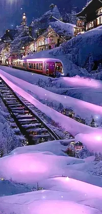 Enjoy this captivating live wallpaper for your phone! Featuring a charming train resting on snowy tracks, this matte painting by Anna Haifisch is illuminated with bright pink-purple lights that cast a psychedelic aura over a picturesque ski resort in the Swiss Alps