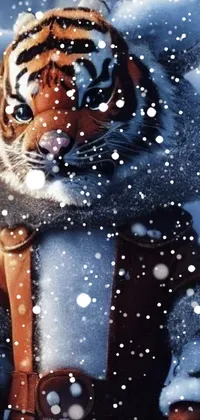 Introducing a phone live wallpaper featuring a majestic tiger standing in the snow