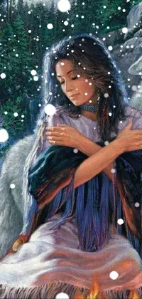 Looking for a beautiful live wallpaper for your phone? Check out this stunning painting featuring a woman sitting in the snow, inspired by Native American culture