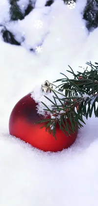 Bring a touch of romance to your phone with this stunning live wallpaper featuring a red ornament nestled in snow next to a magnificent pine tree