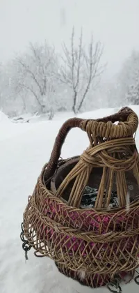 This phone live wallpaper depicts a serene winter setting featuring a homemade wicker basket resting on snow-covered ground with a turkey nestled inside