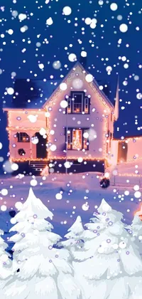 This phone live wallpaper features an enchanting New England house on a snowy hill, donning bright Christmas lights