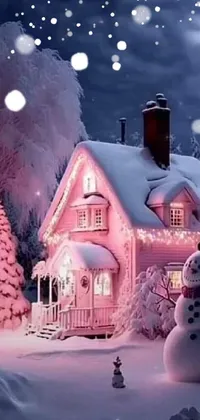 This phone live wallpaper features a charming pink house adorned for the winter season with a snowman standing in front of it