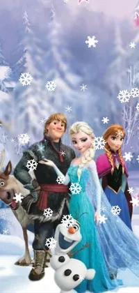 This phone live wallpaper features a group of frozen characters standing in a winter forest