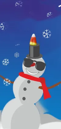 Looking for a fun and playful live wallpaper for your phone? Look no further than this charming illustration! With a whimsical and naive art style, this wallpaper features a snowman wearing sunglasses and a red scarf