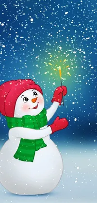 This winter-themed <a href="/">phone wallpaper</a> features a colorful snowman holding a sparkler, set against a serene winter landscape with exploding fireworks in the background