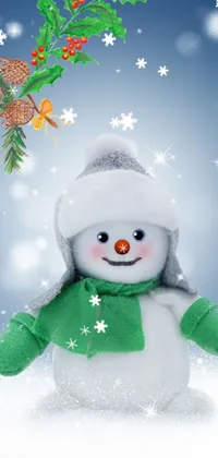 This phone live wallpaper depicts a cheerful snowman on a snow-covered ground, with a warm and inviting green and blue color theme