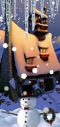 This phone live wallpaper features a charming snow-covered cottage with a whimsical design in a Disney animation style