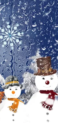 This phone live wallpaper showcases a group of adorable snowmen standing in a wintery wonderland