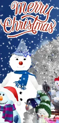 This snowman live wallpaper for phone depicts a group of snowmen in various poses, standing in a snowy landscape with trees and mountains in the background
