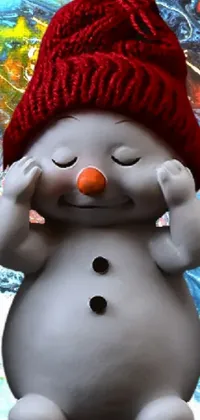 This vibrant phone live wallpaper showcases an adorable snowman figurine wearing a striking red hat in an airbrush painting style