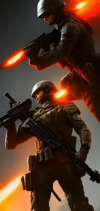 This dynamic live wallpaper features two soldiers in detailed, realistic uniforms, one poised with firearm at the ready, the other taking a casual stance with hand on hip