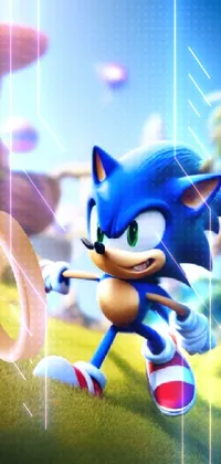 This phone live wallpaper features a dynamic scene of Sonic the Hedgehog running with a frisbee