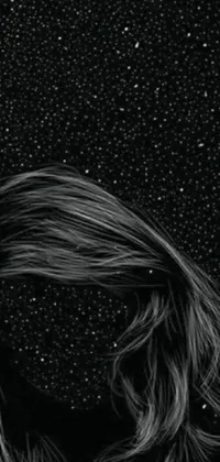 This stunning live wallpaper features a black and white image of a woman with long hair under a night sky