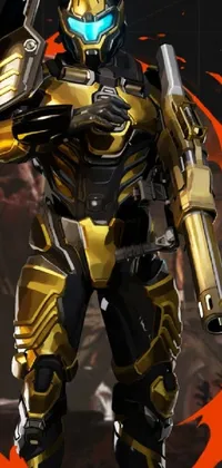 This phone live wallpaper showcases an impressive concept art design, featuring a person in a suit wearing heavy golden armor with intricate embossed patterns and engravings