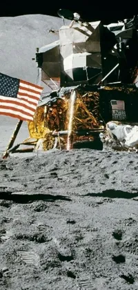 This stunning phone live wallpaper provides an up-close shot of an astronaut standing next to the American flag on the moon