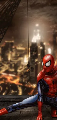 This exhilarating live phone wallpaper showcases a breathtaking digital painting of the famed web-slinging superhero Spider-Man amidst a dazzling cityscape