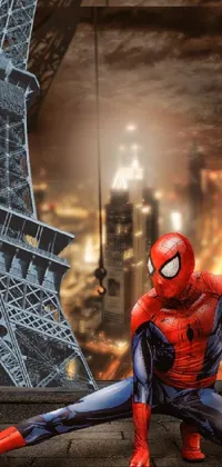 Elevate your phone screen with an electrifying live wallpaper featuring Spider-Man striking a pose in front of the Eiffel Tower