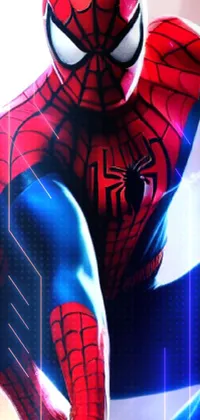 This phone live wallpaper depicts a superhero in a Spider-Man suit soaring through the air against a red and blue back light
