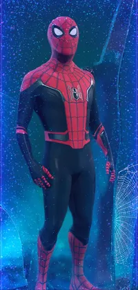 This phone live wallpaper features a close-up shot of a person in a red and black spider-man suit with a white spider emblem on the chest