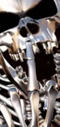 This is a phone live wallpaper featuring a hyper-realistic skeleton with a cigarette in its mouth, surrounded by intricate pipes and gears