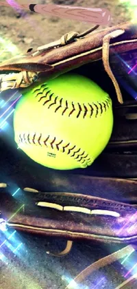 This live phone wallpaper showcases a softball nestled within a catcher's mitt, nestled on the ground
