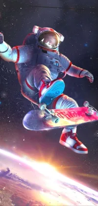 This phone live wallpaper is a mesmerizing depiction of a person riding a skateboard through space