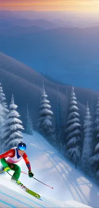 Experience the thrill of skiing down a snow-covered mountain, racing through a forest of trees, with this stunning digital live wallpaper