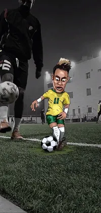 This live phone wallpaper features a captivating cartoon soccer player kicking a soccer ball, drawn with an artistic style that balances realism and cartoonishness