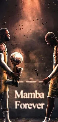 This live wallpaper for your phone showcases two basketball players proudly holding trophies on a basketball court