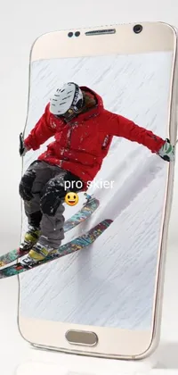 This phone live wallpaper captures the excitement of a skier flying through the air on a mountain