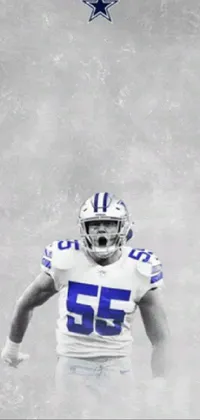 This live wallpaper showcases a striking black and white photo of a football player wearing the Dallas Cowboys team jersey
