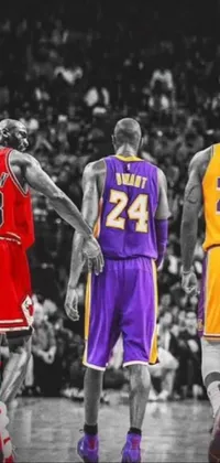 This sports-themed live wallpaper features a group of basketball players standing shoulder-to-shoulder in front of a purple and red backdrop