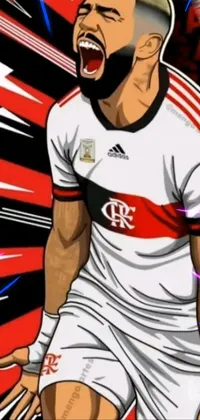 This phone live wallpaper showcases a digital drawing of a soccer player with his mouth open in excitement