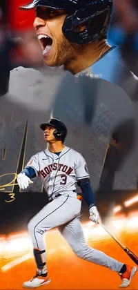 This stunning live wallpaper for your phone features a bold and colorful digital rendering of a baseball player in mid-swing, standing on a lush green field under a vibrant blue sky dotted with fluffy white clouds
