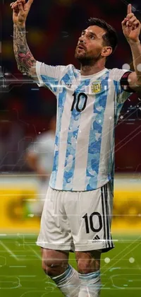 This dynamic live wallpaper features a soccer field with mosaic design and a player standing on top