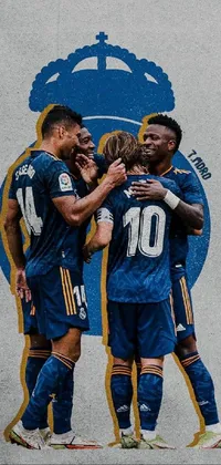 This stunning phone live wallpaper displays a team of soccer players standing together in a huddle, surrounded by a blue and gold color scheme